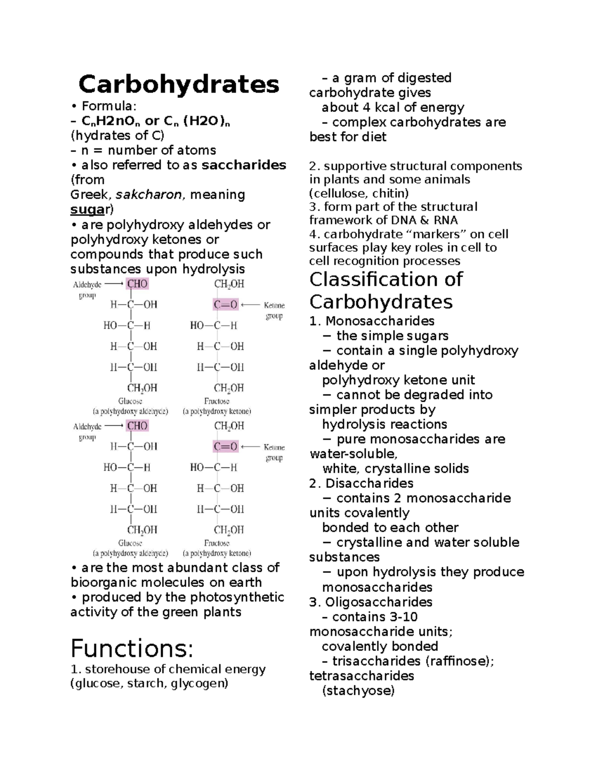 Carbohydrates Module 3 (Biochemistry) Carbohydrates Formula