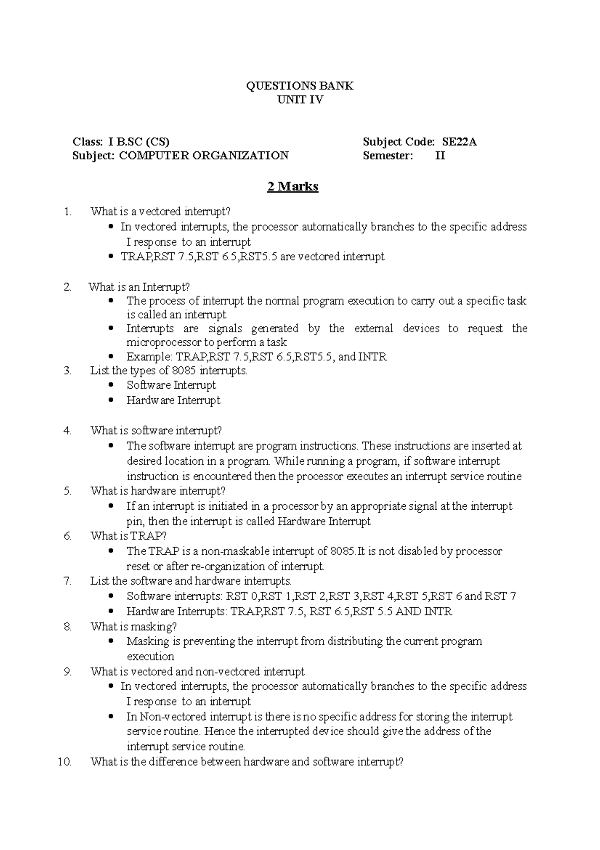 COA UNIT IV Question BANK QUESTIONS BANK UNIT IV Class I B (CS