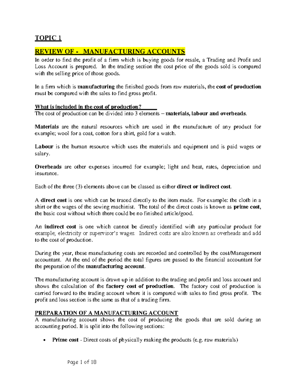 Topic 1 Manufacturing Accounts- Overview ...