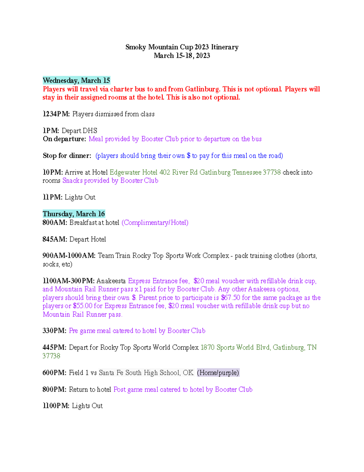 Smoky Mountain Cup Itinerary 2023 Smoky Mountain Cup 2023 Itinerary