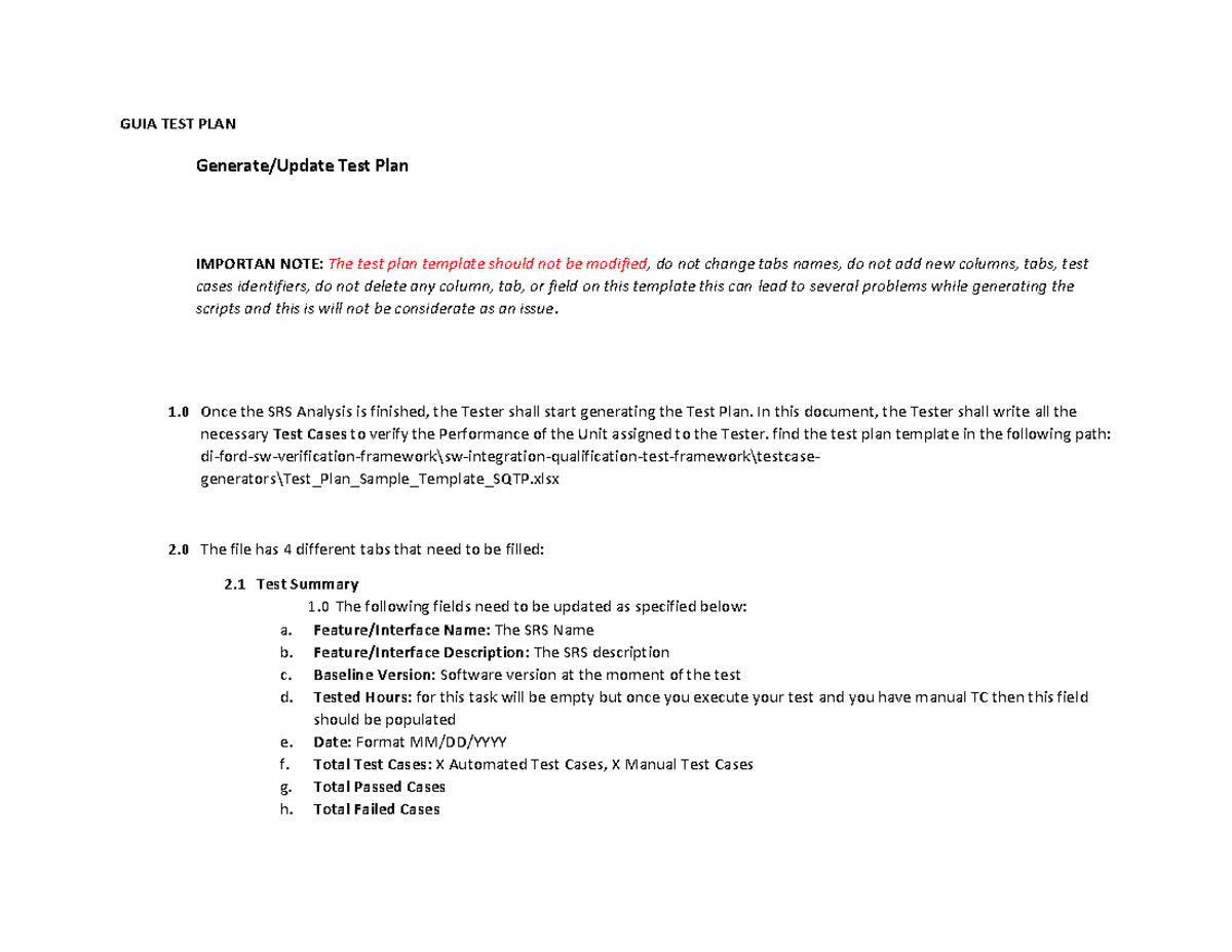 GUIA TEST PLAN - apuntes de test plan - GUIA TEST PLAN Generate/Update ...