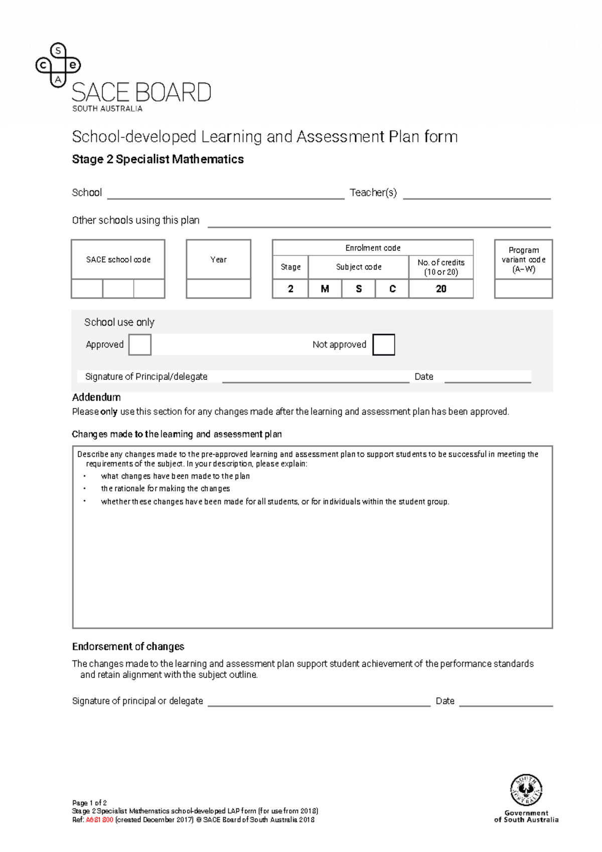 School-developed Specialist Mathematics LAP form - School-developed ...