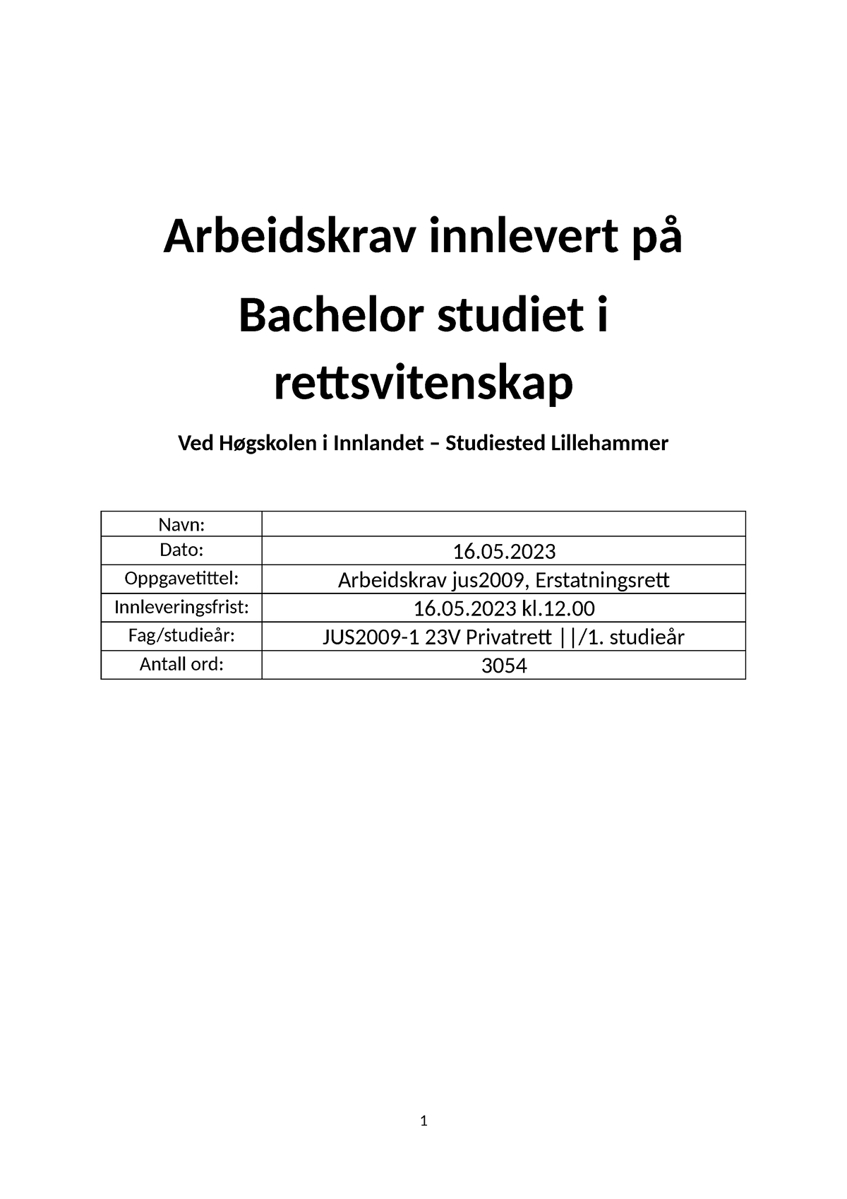 Arbeidskrav Erstatningsrett - Arbeidskrav Innlevert På Bachelor Studiet ...