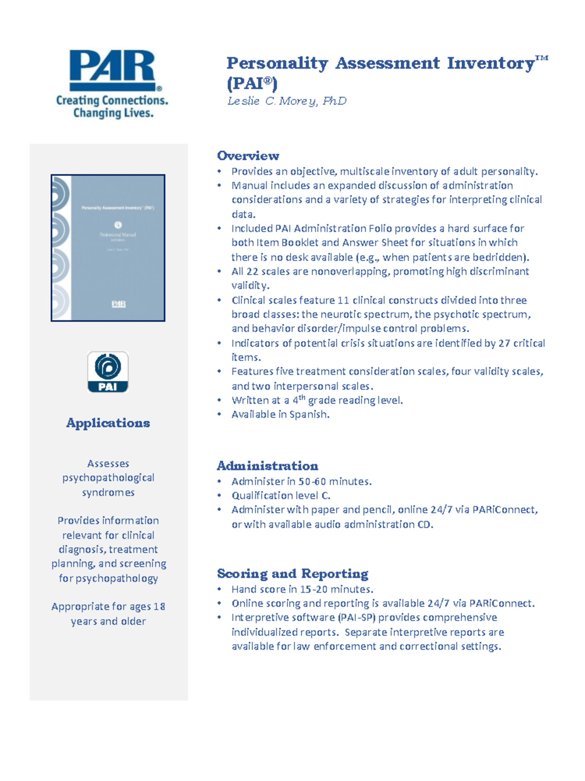 Fact Sheet PAI Personality Assessment Inventory™ (PAIÆ) Leslie C