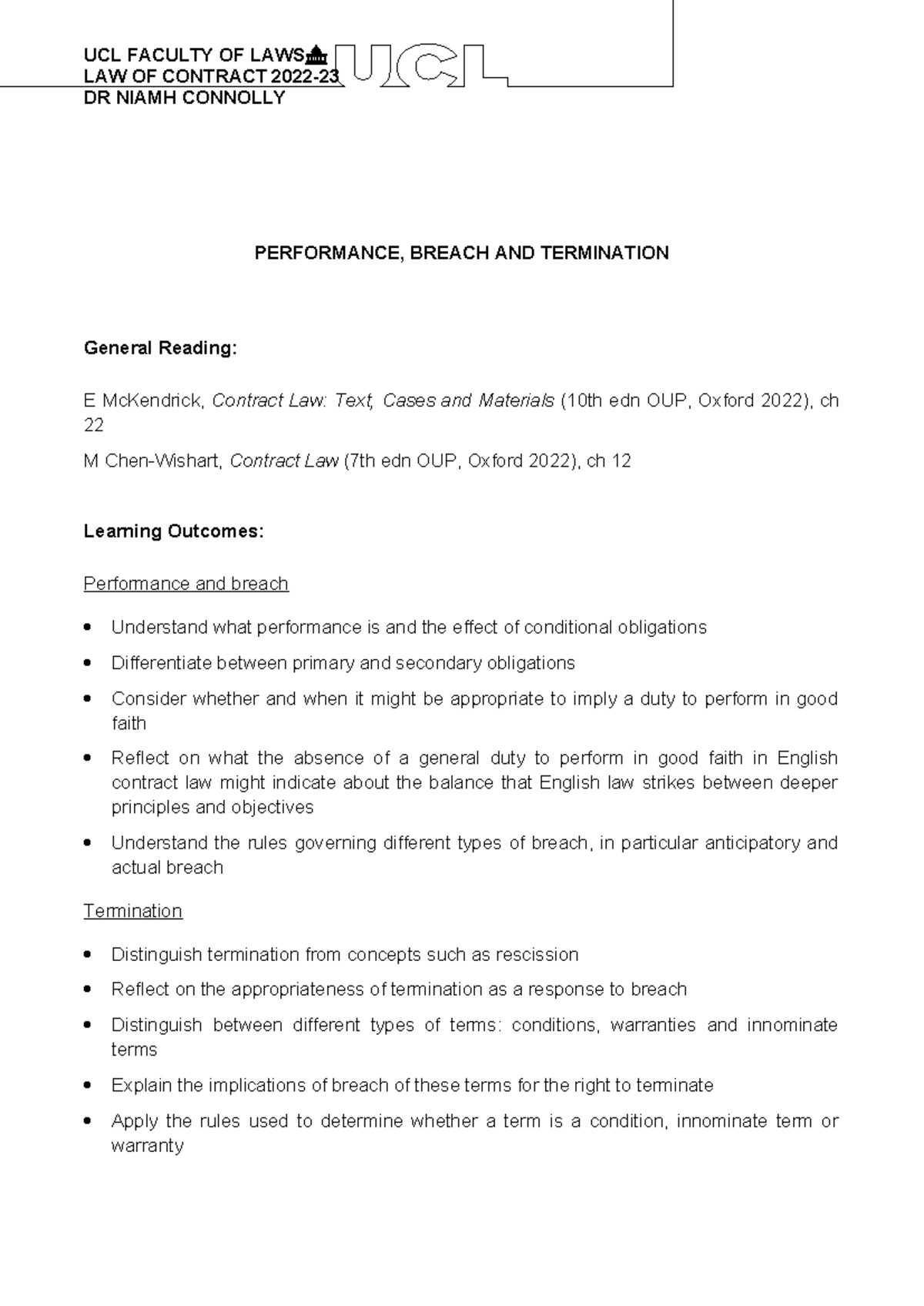 Performance and breach handout February 2023 - UCL FACULTY OF LAWS LAW ...