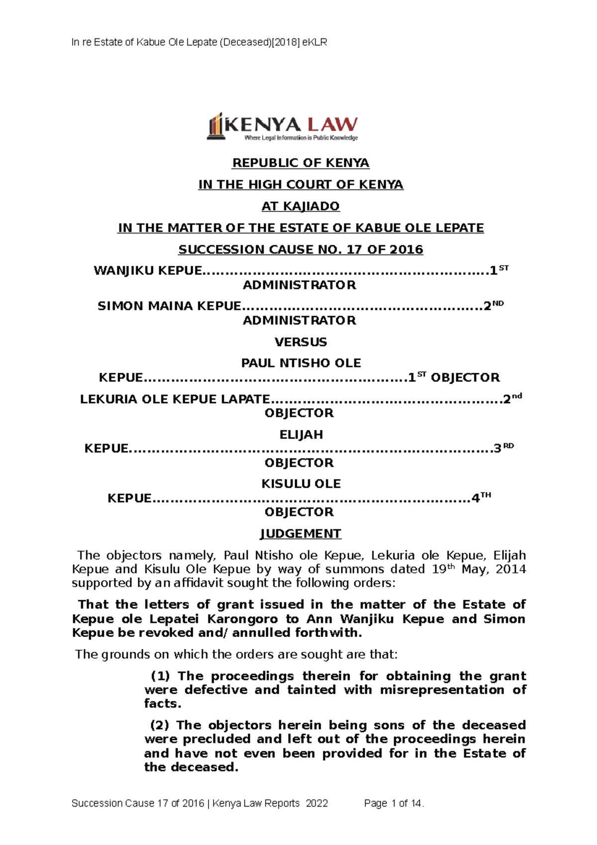 Succession Cause 17 of 2016 ' REPUBLIC OF KENYA IN THE HIGH COURT OF