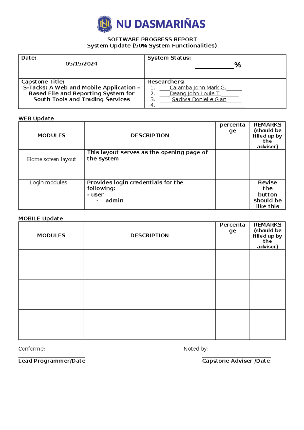 Dasma-SIT-FORM-007 Software Progress Report - SOFTWARE PROGRESS REPORT ...