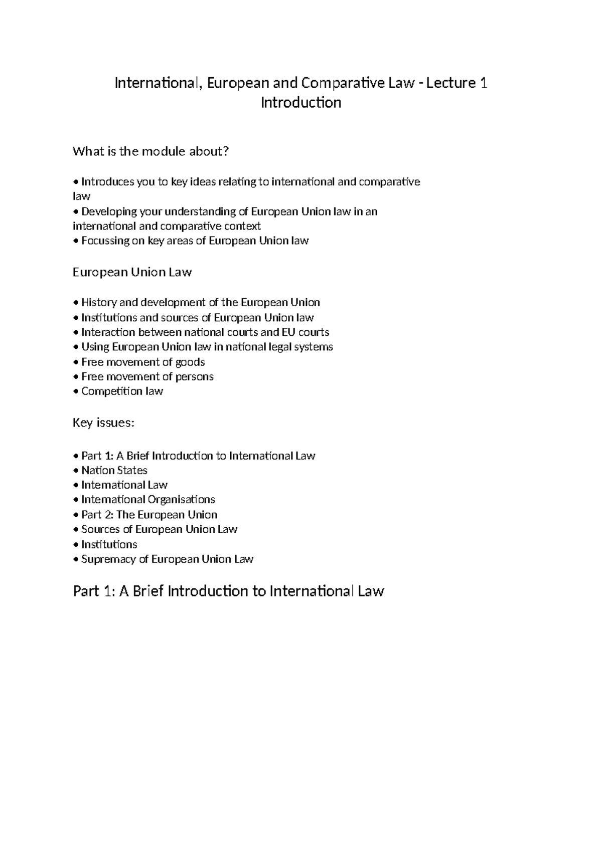 International, European and Comparative Law - Lecture 1 Introduction ...