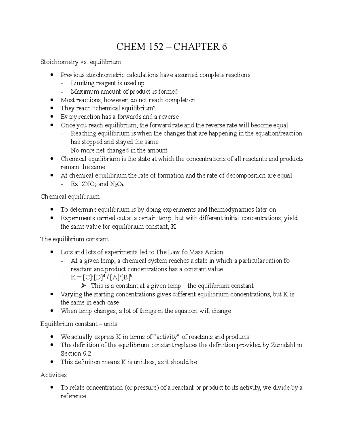 Chapter 6 - Lecture notes 6 - CHEM 152 – CHAPTER 6 Stoichiometry vs ...