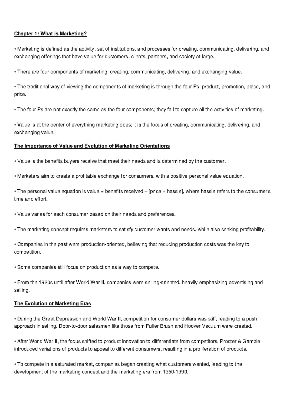 Notes - Chapter 1 - Chapter 1: What is Marketing? Marketing is defined ...