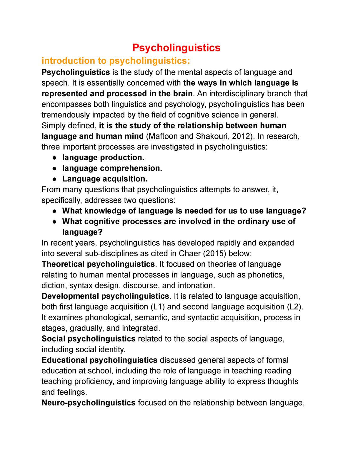 Psycholinguistics - Psycholinguistics Introduction To Psycholinguistics ...