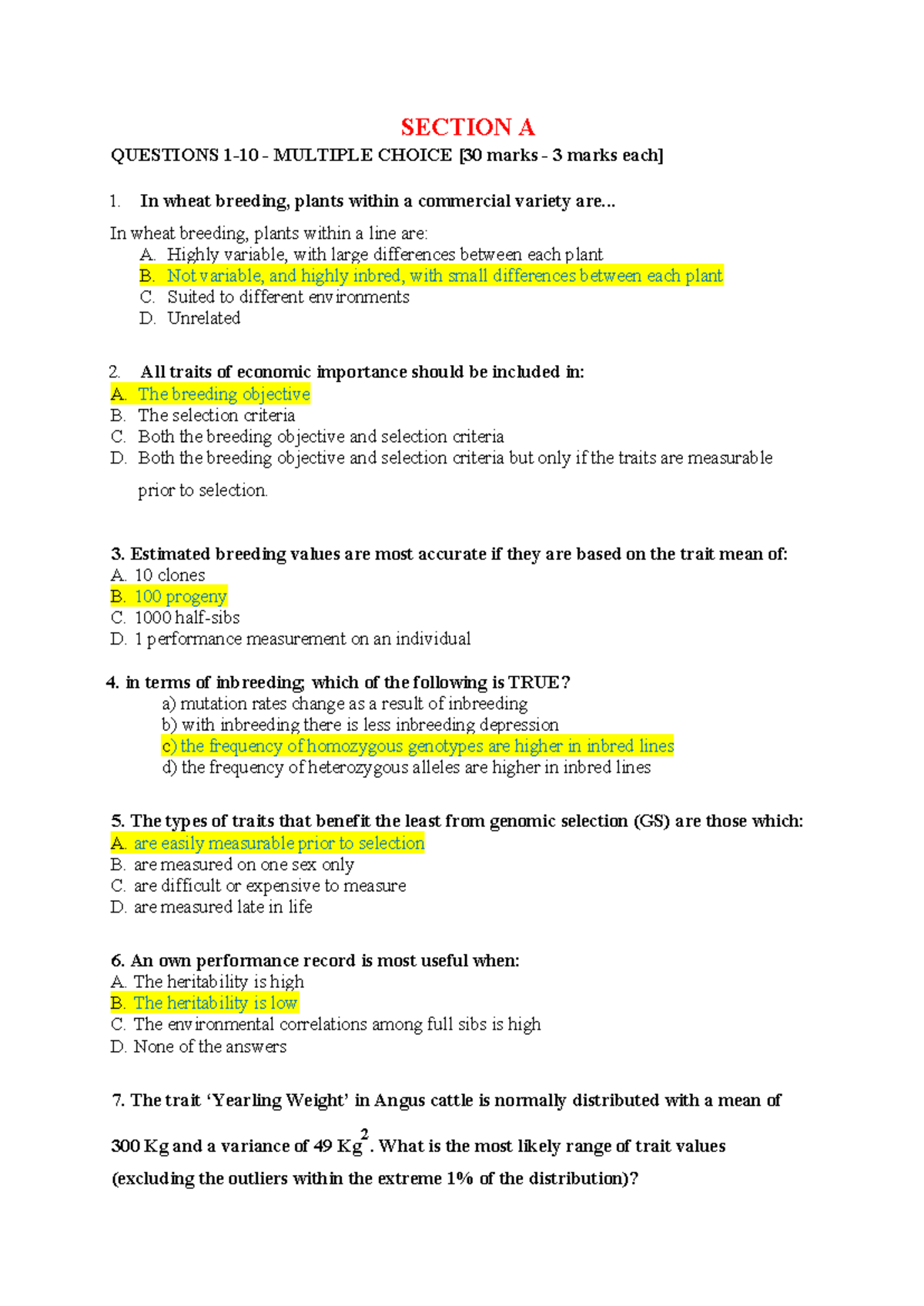 Final exam - Exam notes - SECTION A QUESTIONS 1-10 - MULTIPLE CHOICE ...