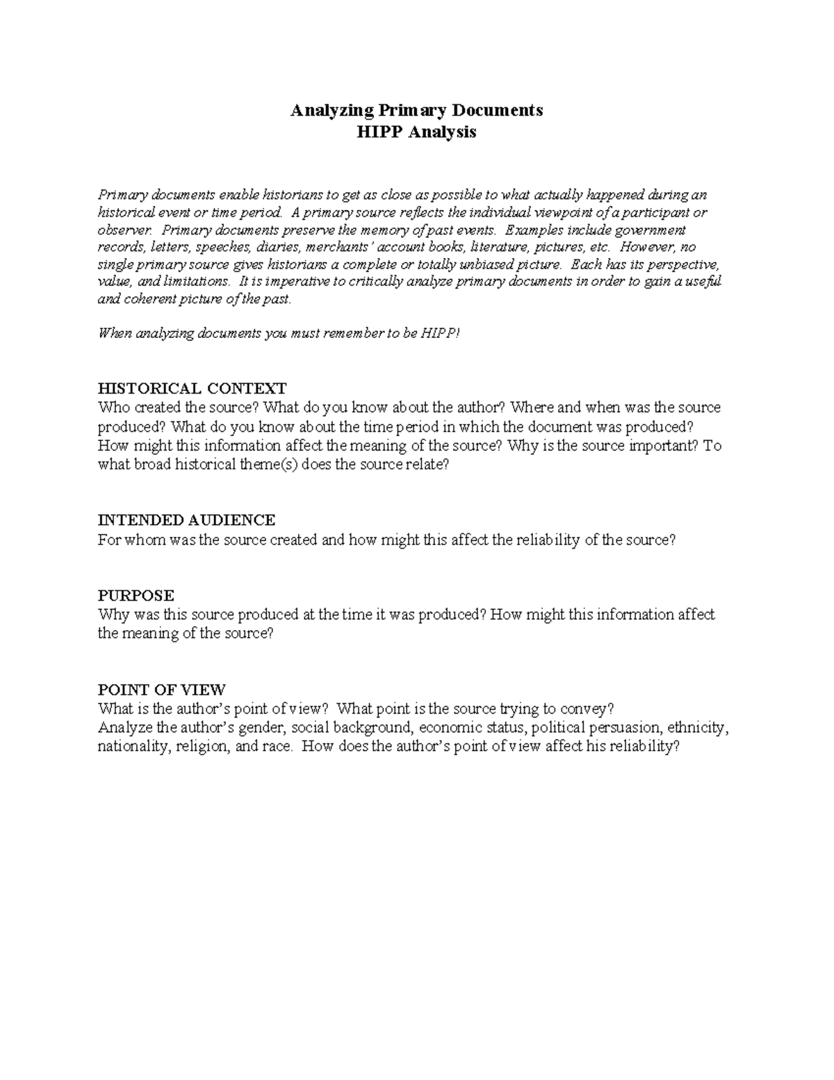 APUSH Analyzing primary documents guidelines HIPP - Analyzing Primary ...