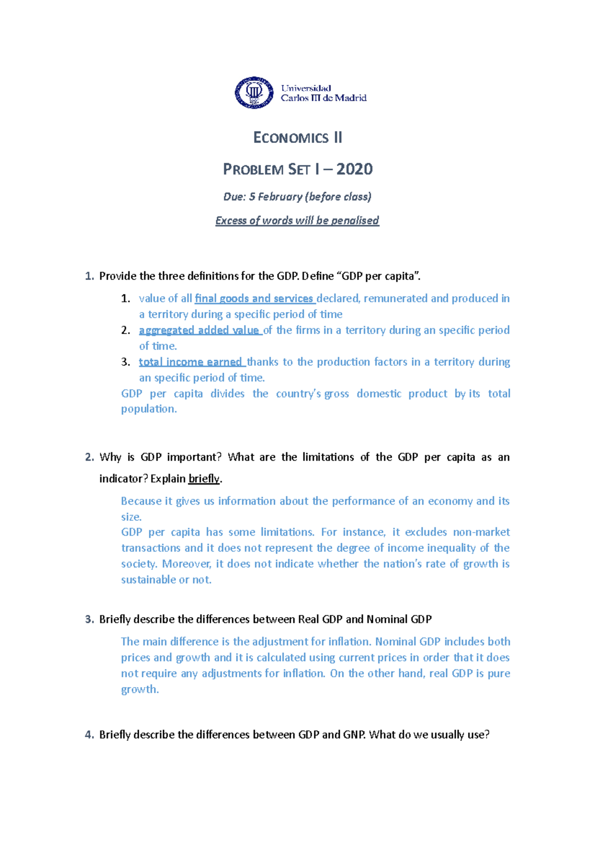 Problem SET 1. - PS 1 - ECONOMICS II PROBLEM SET I – 2020 Due: 5 ...