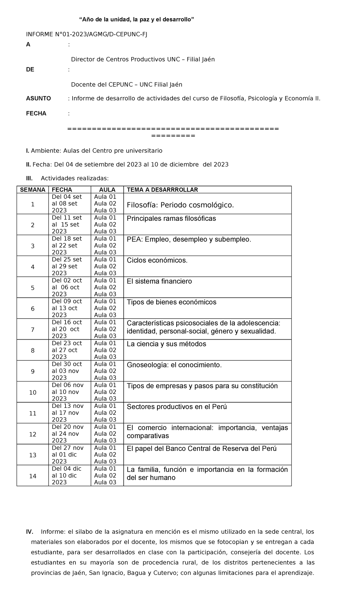 Informe Actividaddes PARA PAGO - “Año de la unidad, la paz y el ...