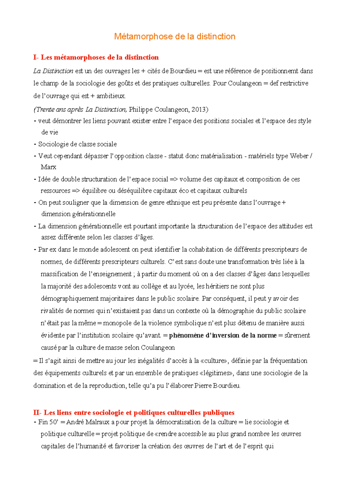Cours 6 La Distinction Résumé Sociologie de la culture Métamorphose de la distinction I Les