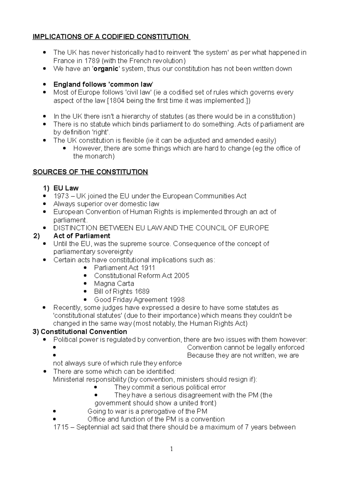 Cons & Admin - IMPLICATIONS OF A CODIFIED CONSTITUTION The UK has never ...