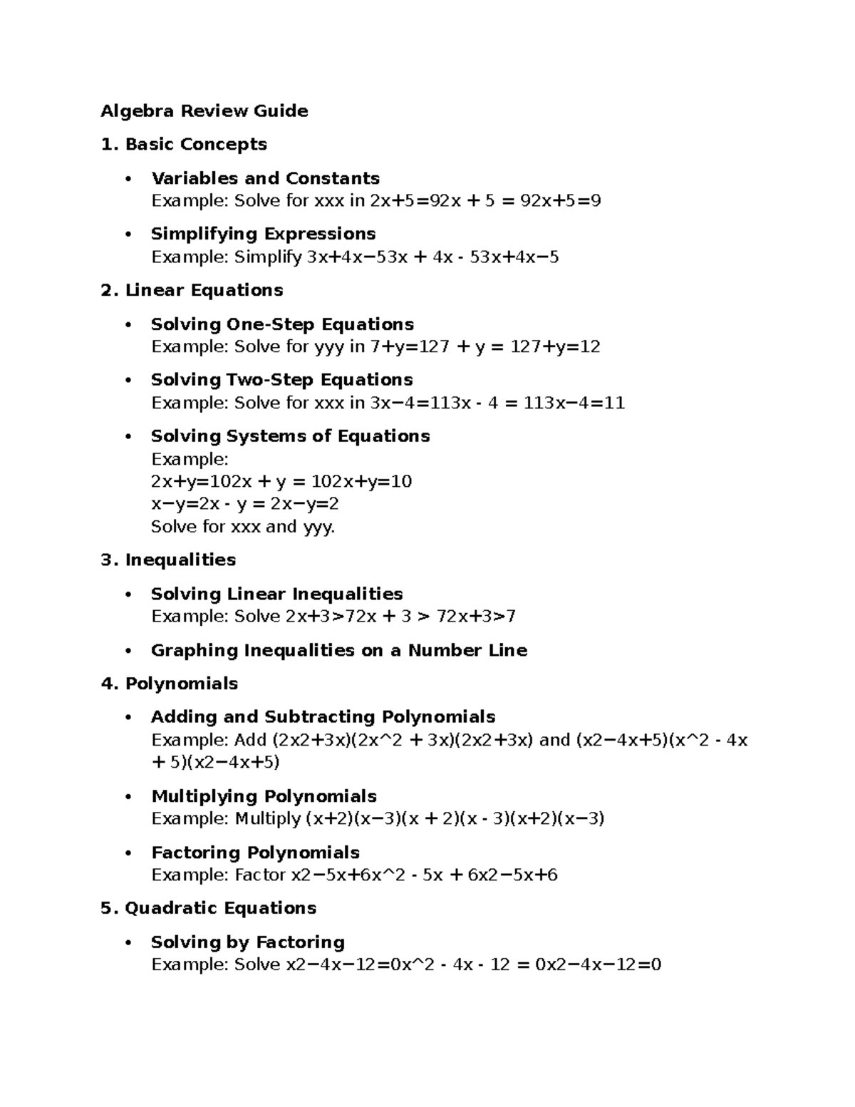 Algebra lecture notes Algebra Review Guide 1. Basic Concepts