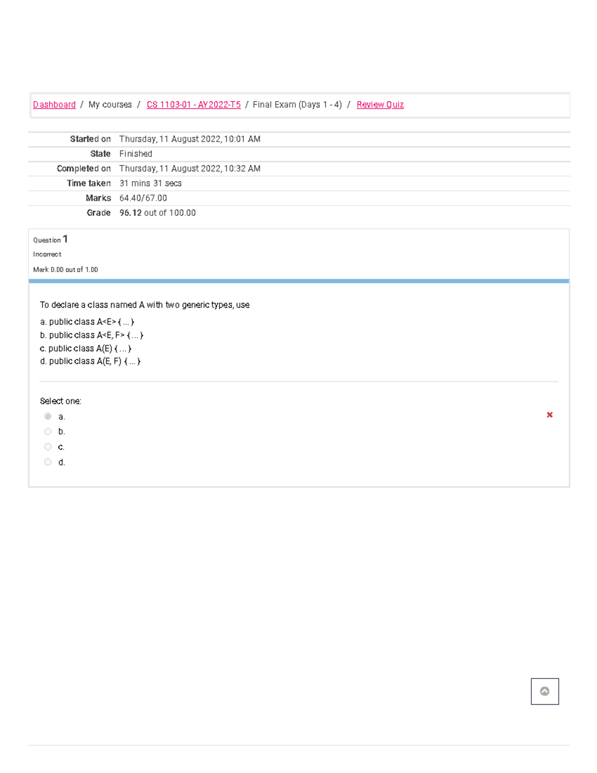 Review Quiz Attempt review - Started on Thursday, 11 August 2022, 10:01 ...