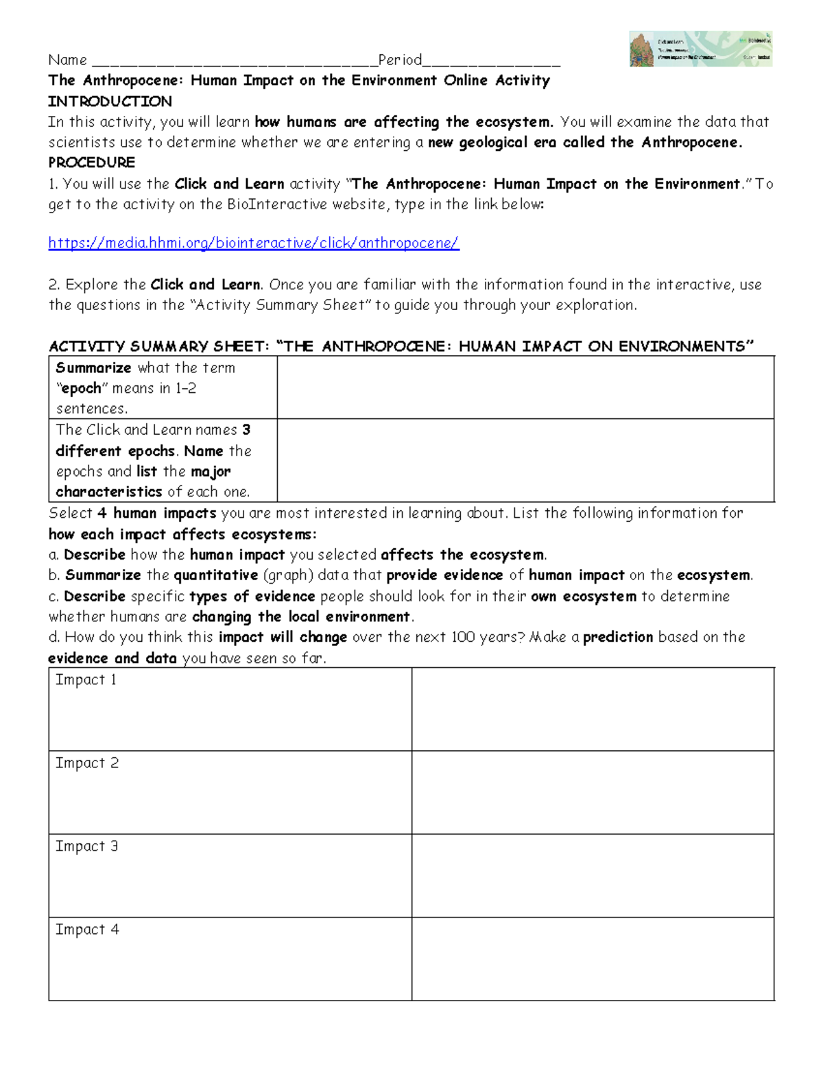 Anthropocene Human Impact on Environment Activity - Name ...