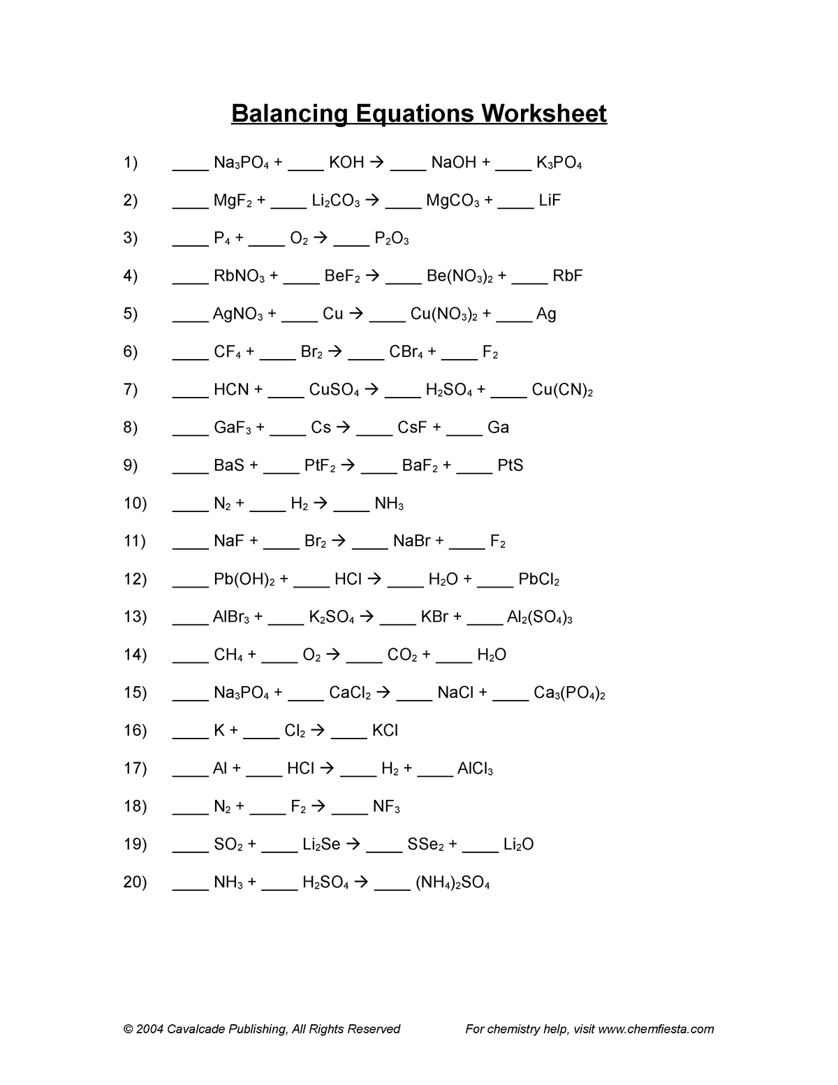 Balancing equations worksheet - CHM 23C - Introduction To With Balancing Equations Practice Worksheet Answers