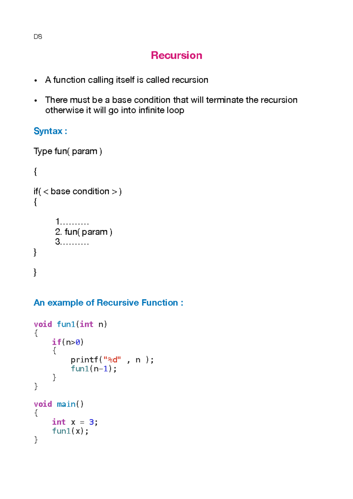 Recursion Tracing-46 - DS Recursion • A function calling itself is ...