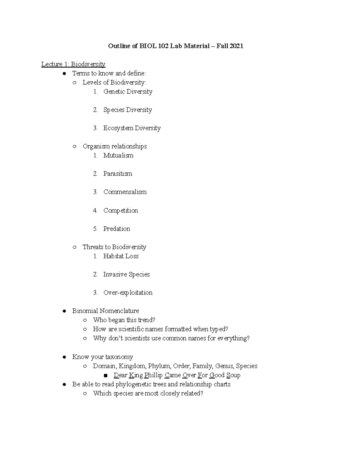 BIOL Lab Practical Notes Outline of BIOL 102 Lab Material Fall 2021