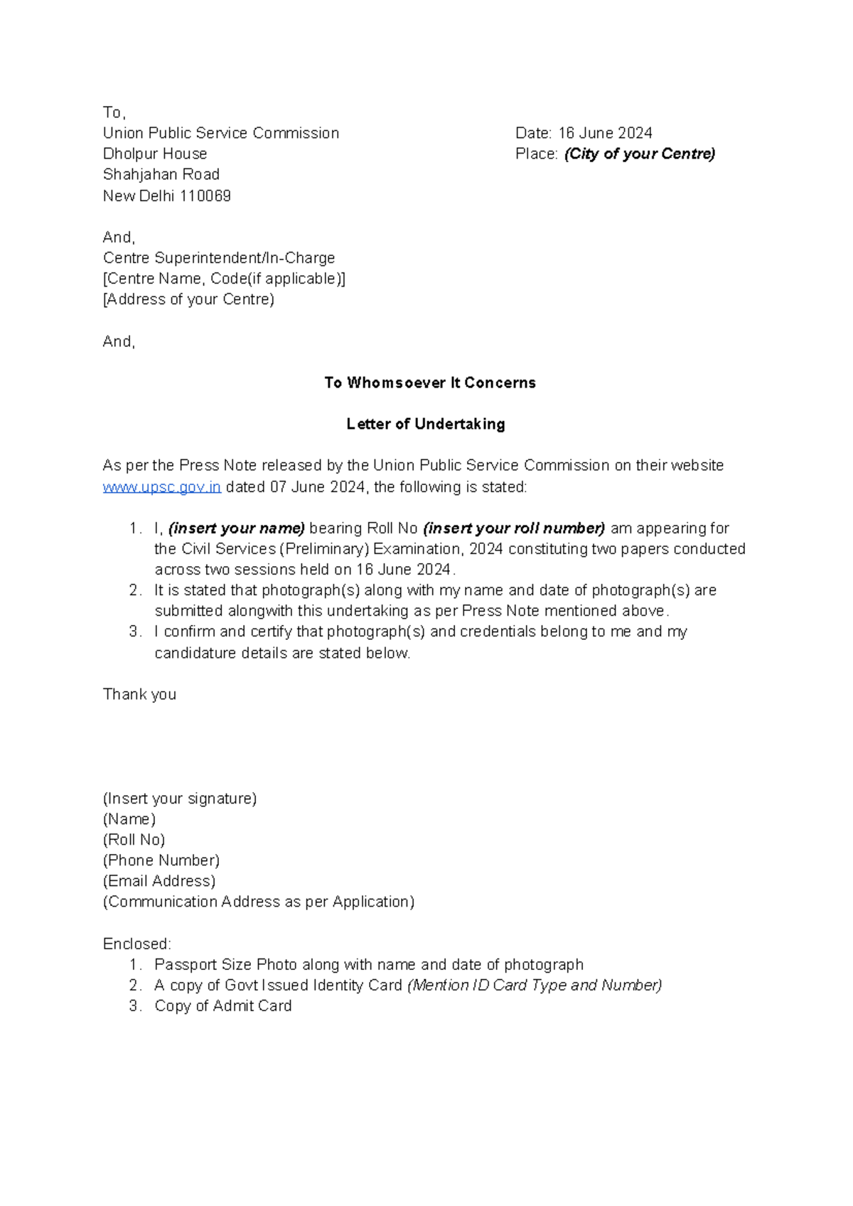 UPSC Prelims 2024 Undertaking Format - To, Union Public Service ...