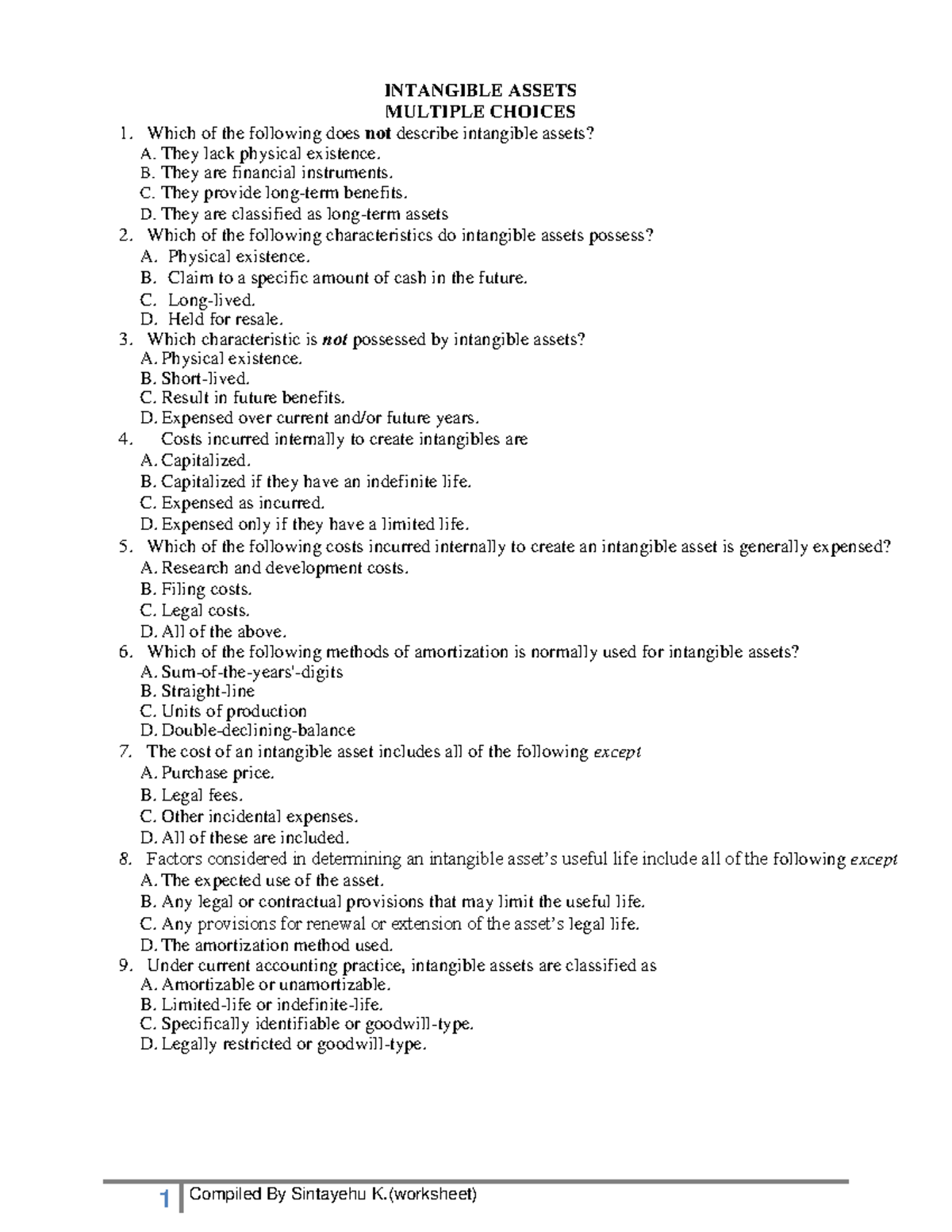 Intagible assets IFA - Answer - INTANGIBLE ASSETS MULTIPLE CHOICES ...