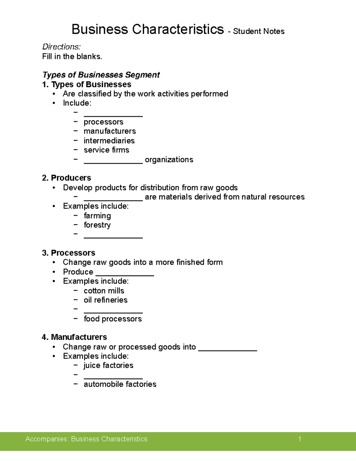 Student Notes - Business Characteristics - Directions: Fill in the ...