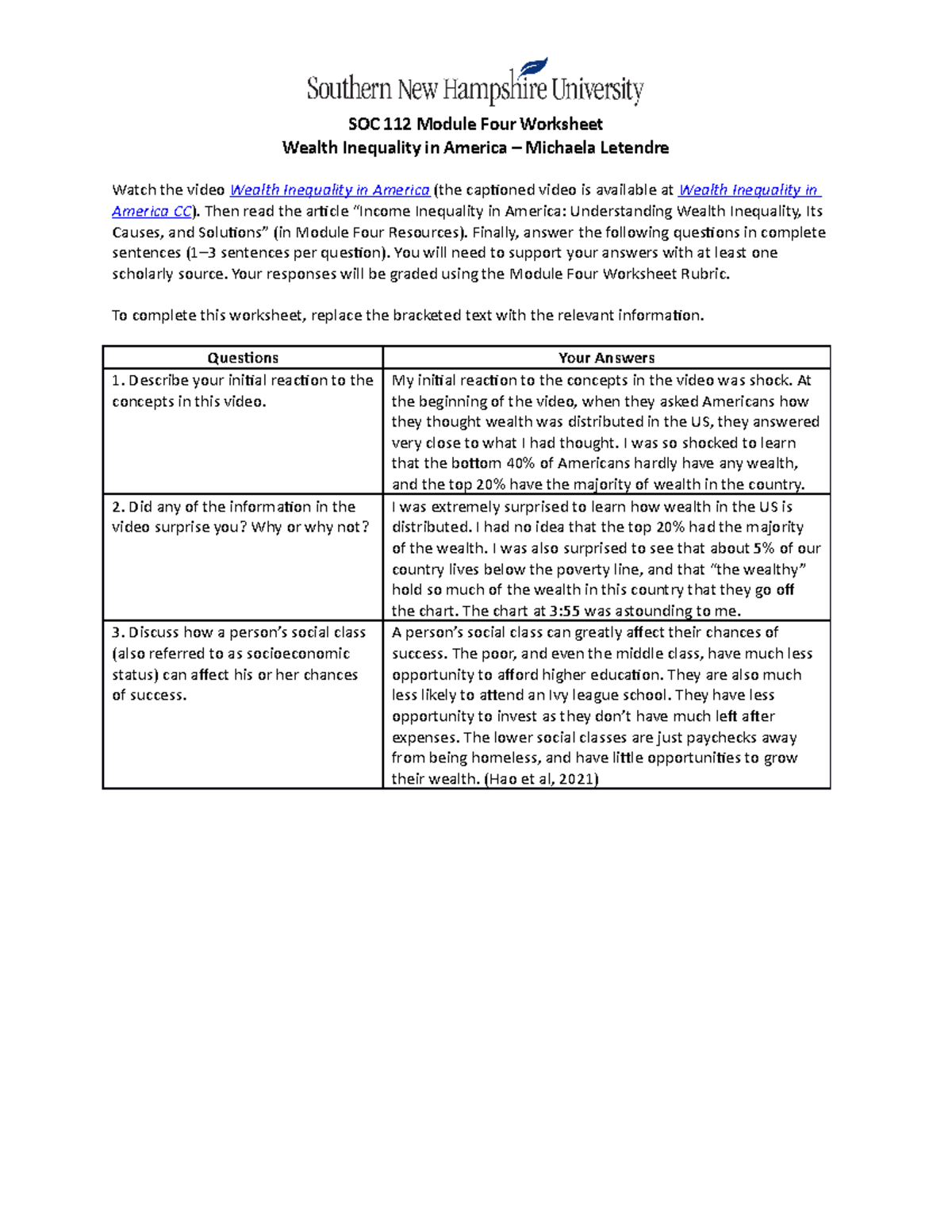 SOC 112 Module Four Worksheet - SOC 112 Module Four Worksheet Wealth ...