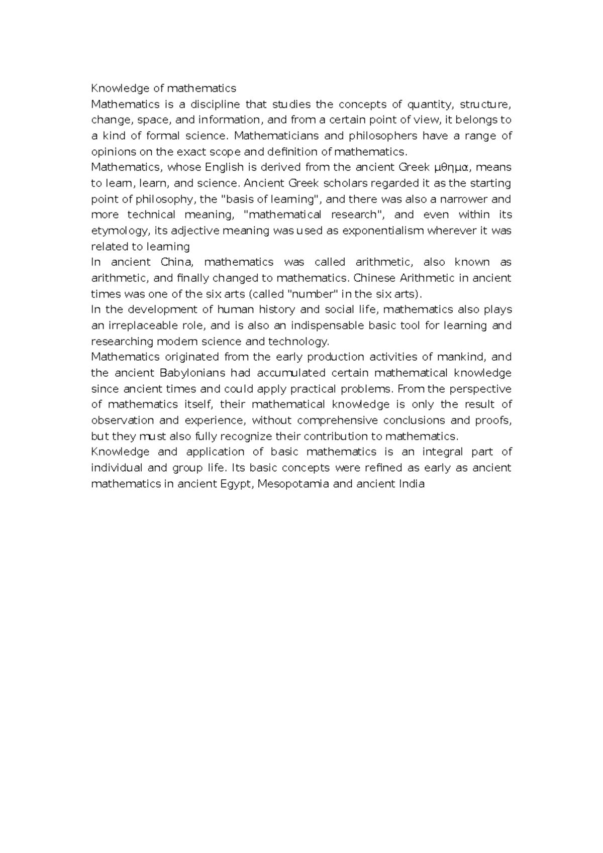 Knowledge of mathematics - Knowledge of mathematics Mathematics is a ...