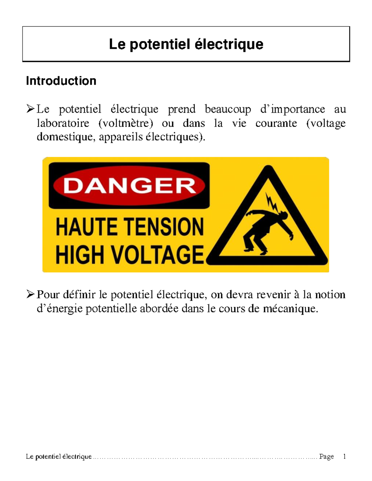 Ch4 Phy - Lab Prepartion - Le Potentiel électrique Introduction Le ...