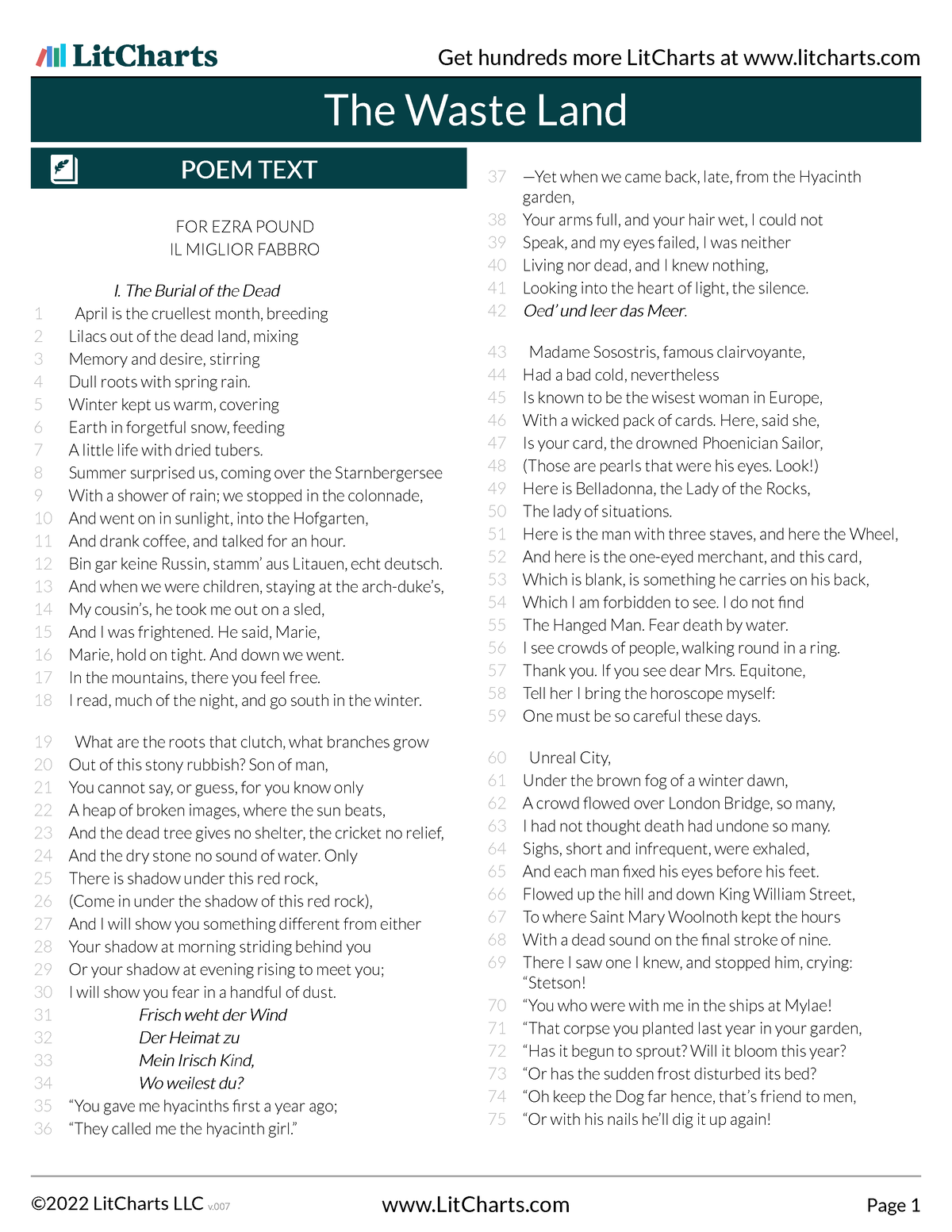 Lit Charts the waste land - The Waste Land POEM TEXTPOEM TEXT FOR EZRA ...