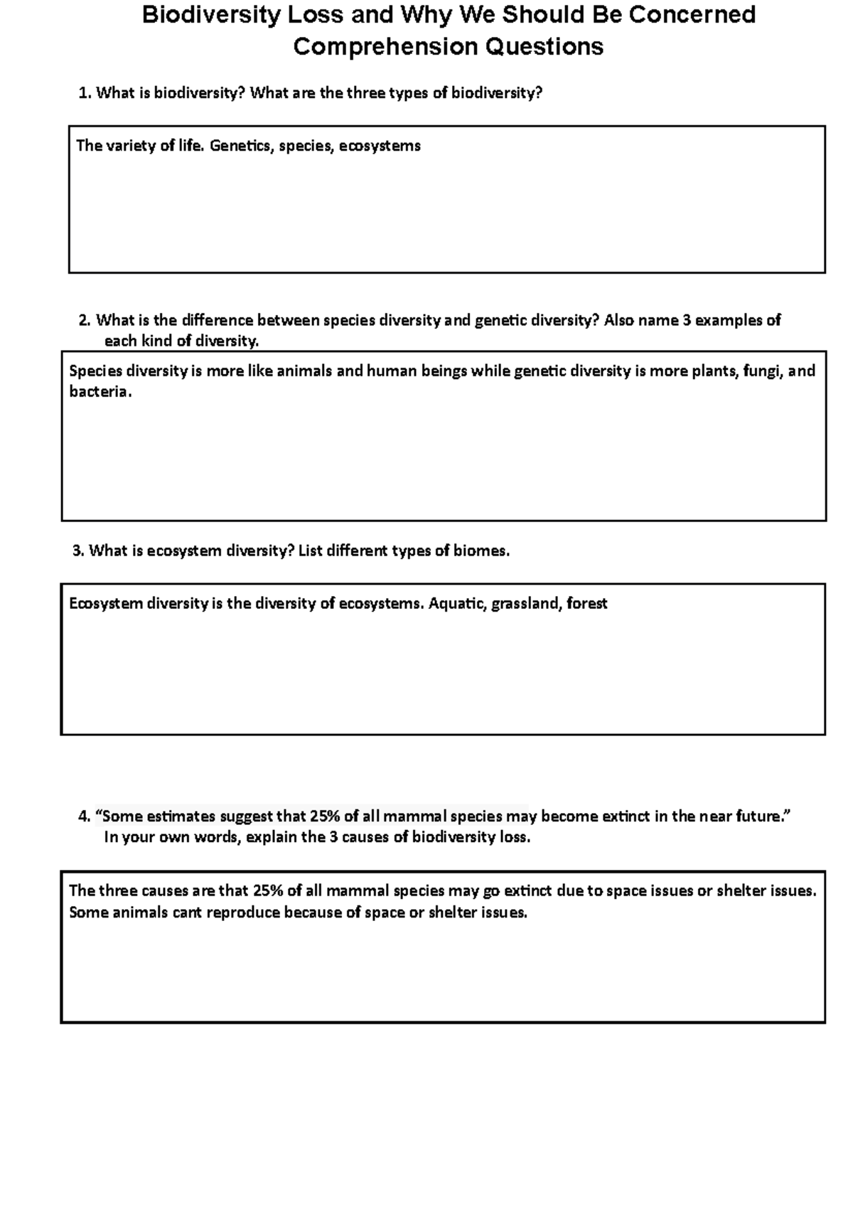 Copy of Biodiversity Loss Questions - Biodiversity Loss and Why We ...