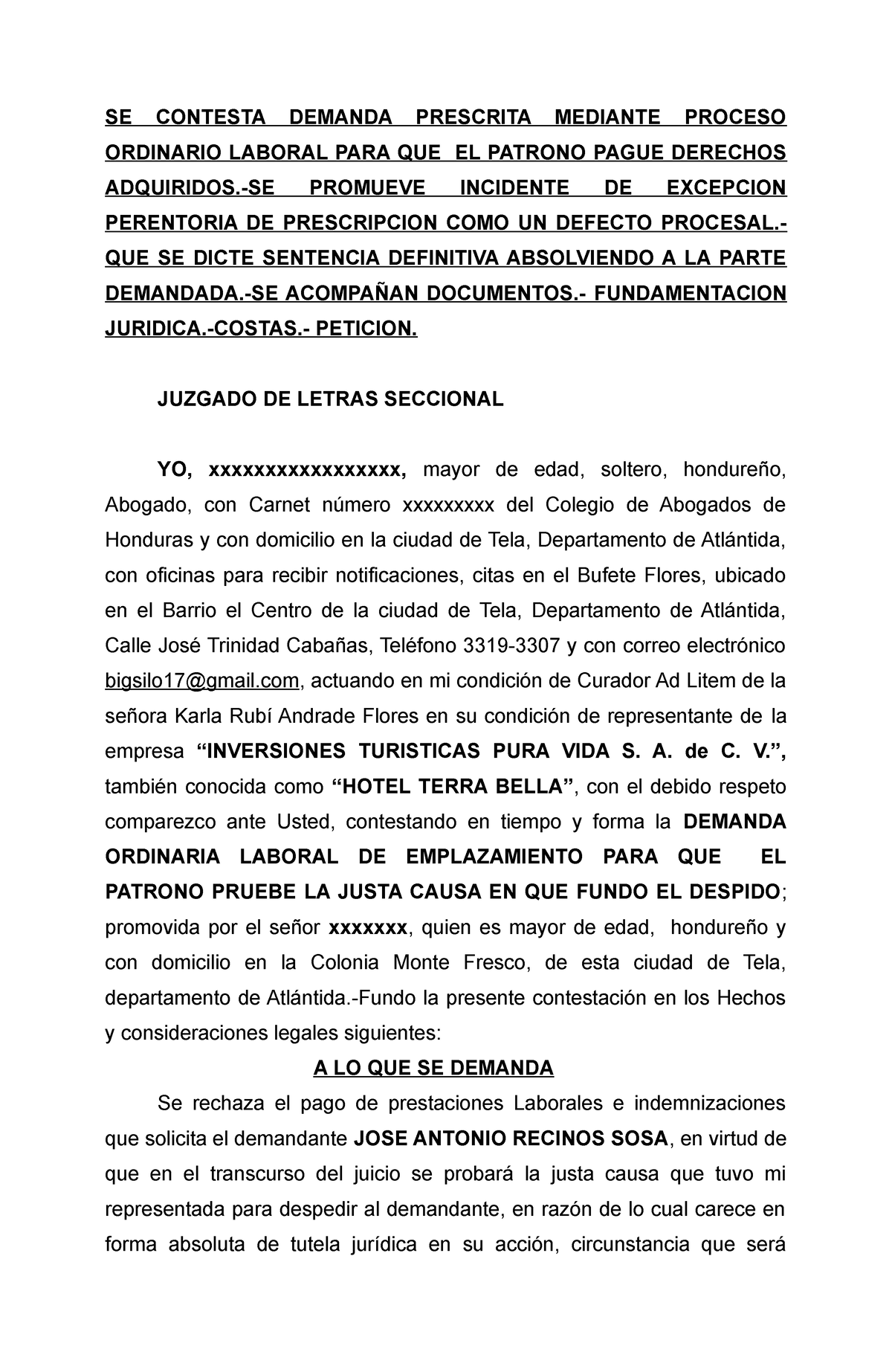 Se Contesta Demanda Laboral Se Contesta Demanda Prescrita Mediante