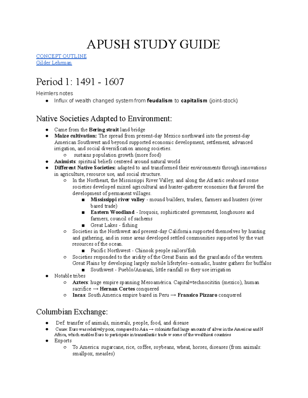 Apush Ultimate Study Guide - APUSH STUDY GUIDE CONCEPT OUTLINE Gilder ...