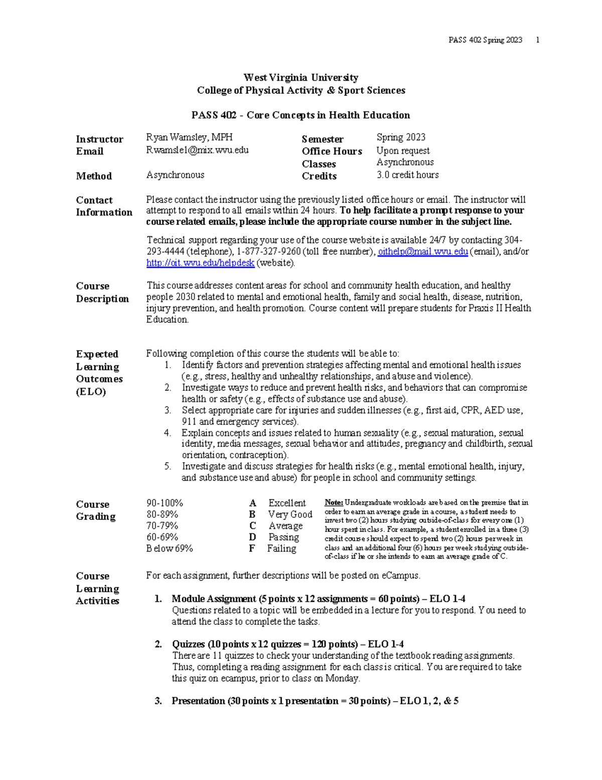 PASS 402 Syllabus - West Virginia University College of Physical ...