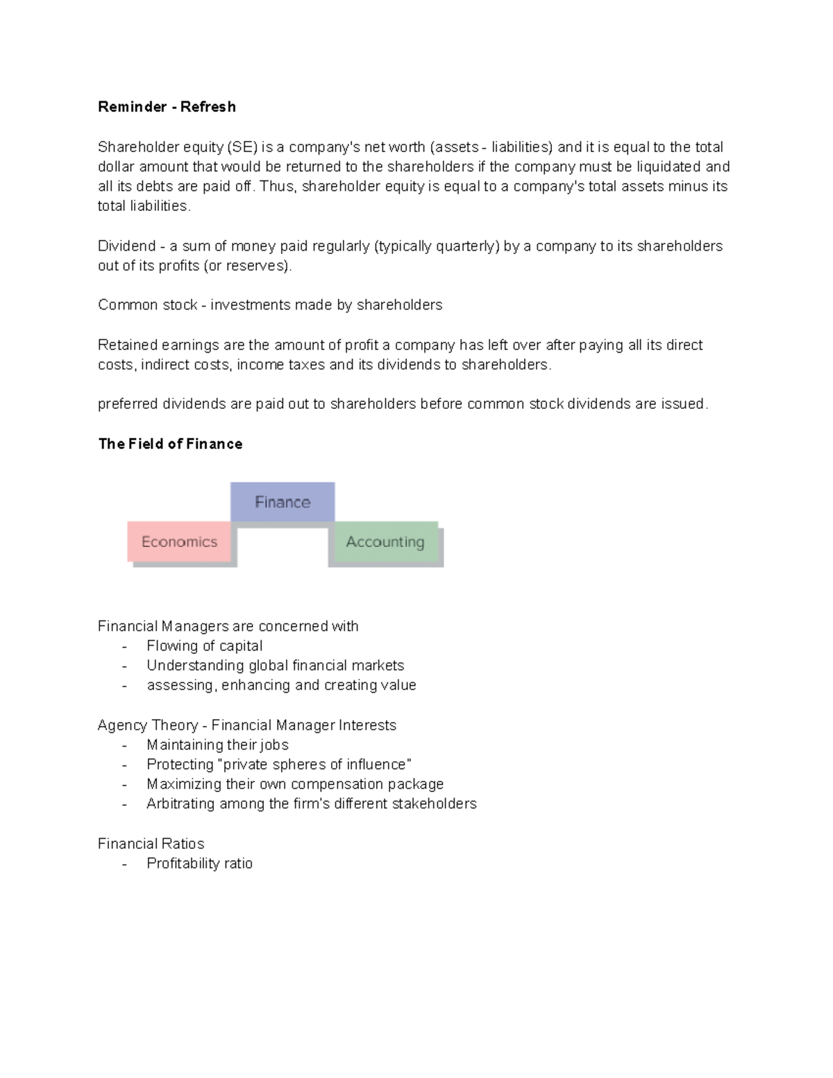 MGMT3320 Class Notes - Reminder - Refresh Shareholder equity (SE) is a ...