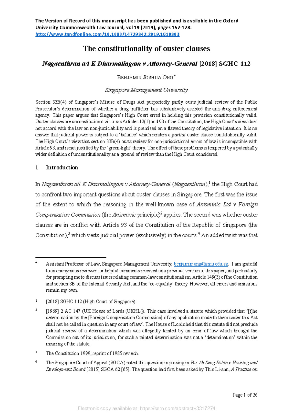 The constitutionality of ouster clauses Nagaenthran al K Dharmalingam v ...