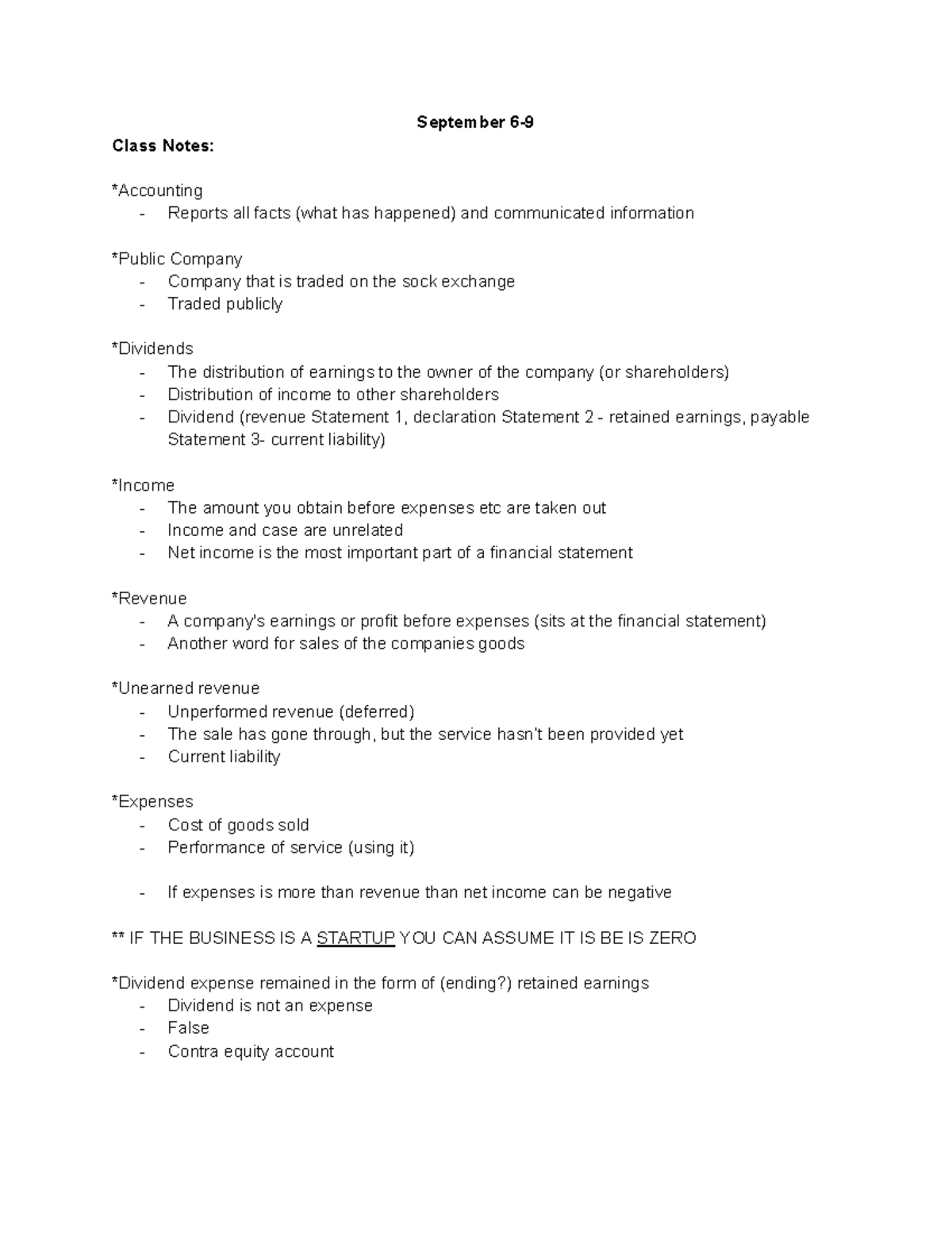 Week two (ch. 1) - Accounting Notes - September 6- Class Notes ...