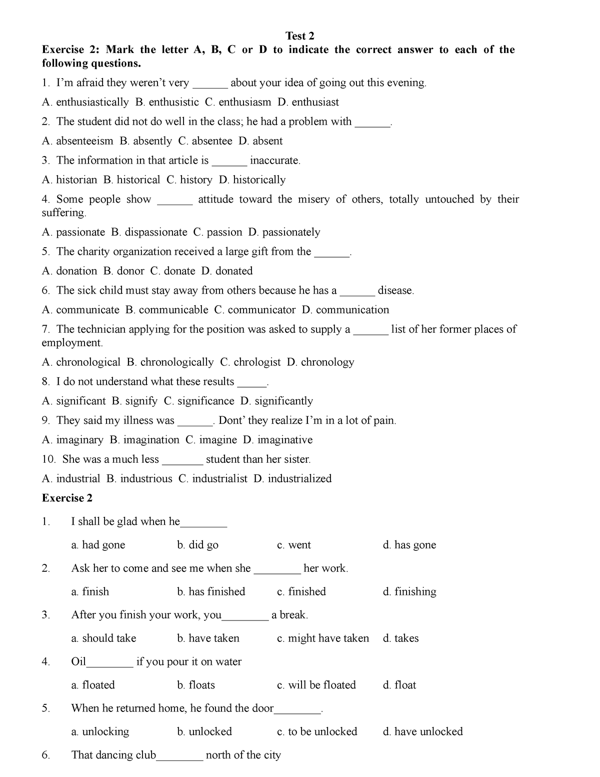 Test 2 - Ilers - Test 2 Exercise 2: Mark The Letter A, B, C Or D To ...