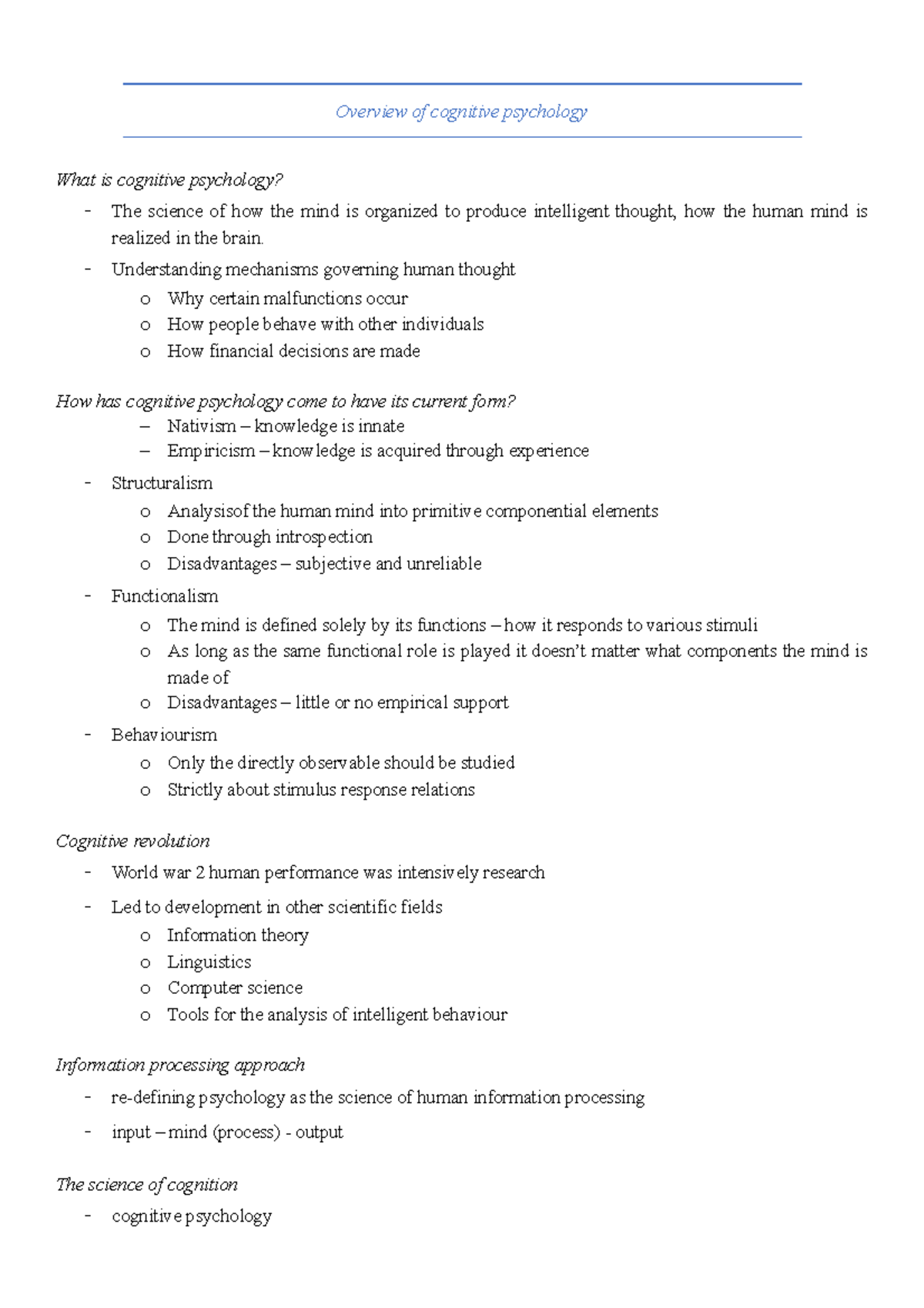 PYB204 EXAM Notes - Overview of cognitive psychology What is cognitive ...
