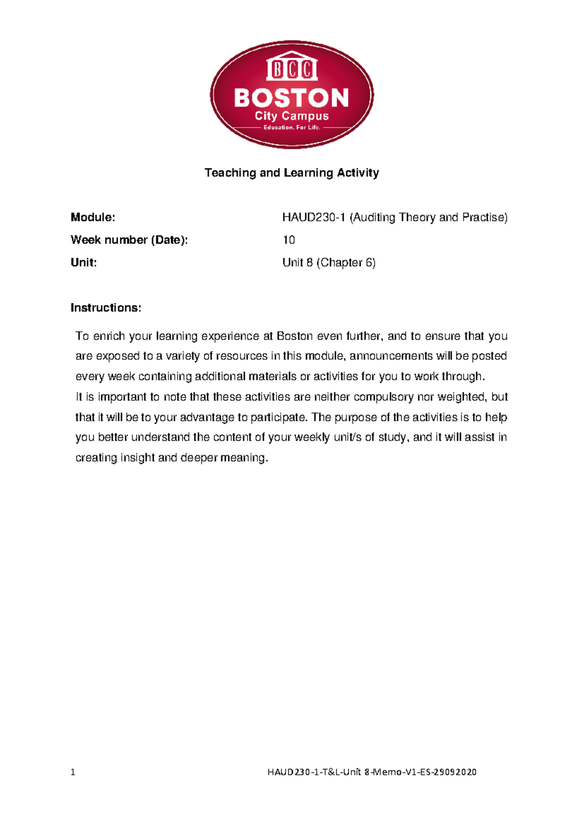 HAUD230-1-T&L-Week 10-Unit 8-Chapter 6-Memo-V1-ES-29092020 - Teaching ...