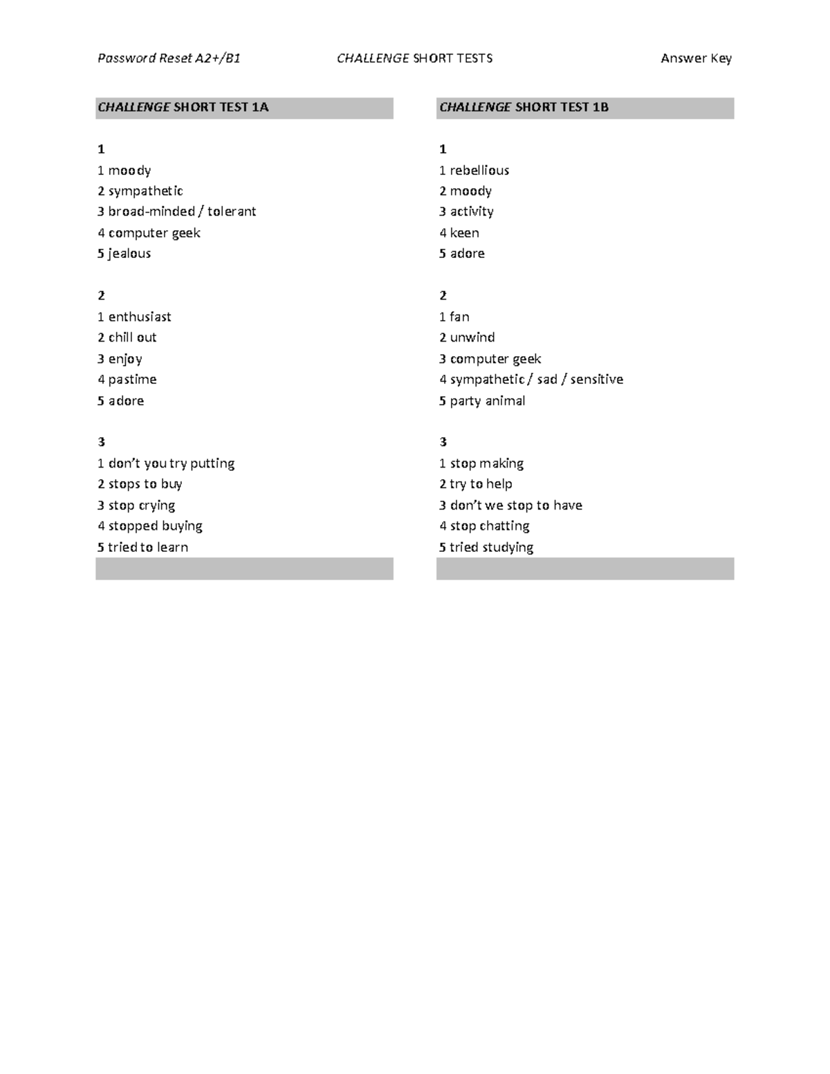 Password Reset A2+ B1 CST Answer Key - CHALLENGE SHORT TEST 1A 1 1 ...