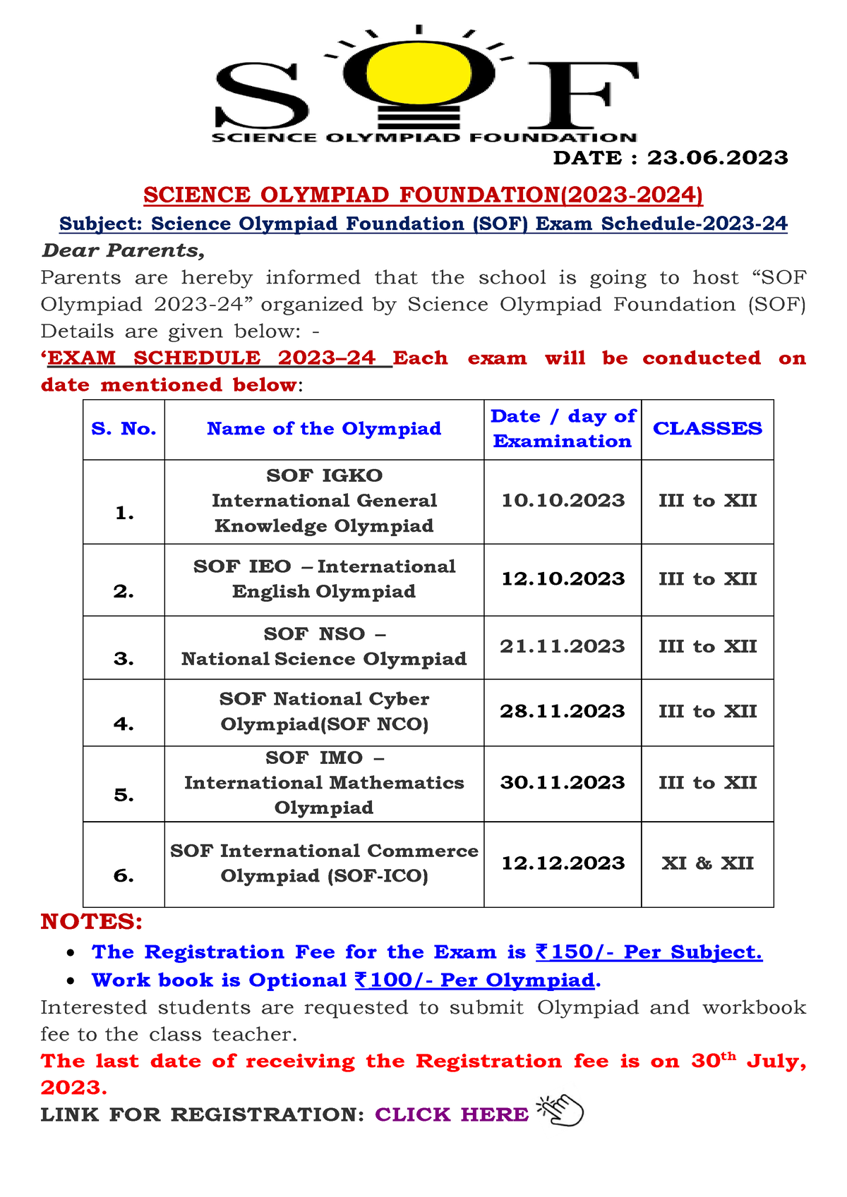 SOF Olympiad Foundation EXAM Schedule - III TO XII (2023-24) - Bcom ...