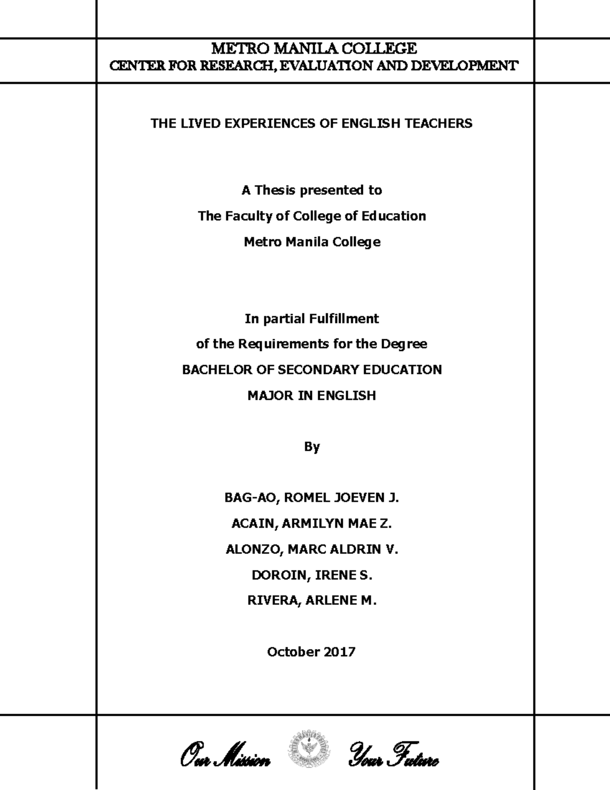 The Lived Experiences of English Teachers - CENTER FOR RESEARCH ...