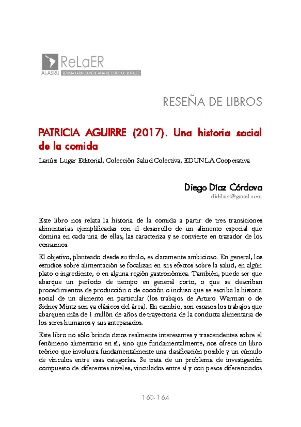 Una Historia Social De La Comida - Patricia Aguirre - 160- 164 RESEÑA ...