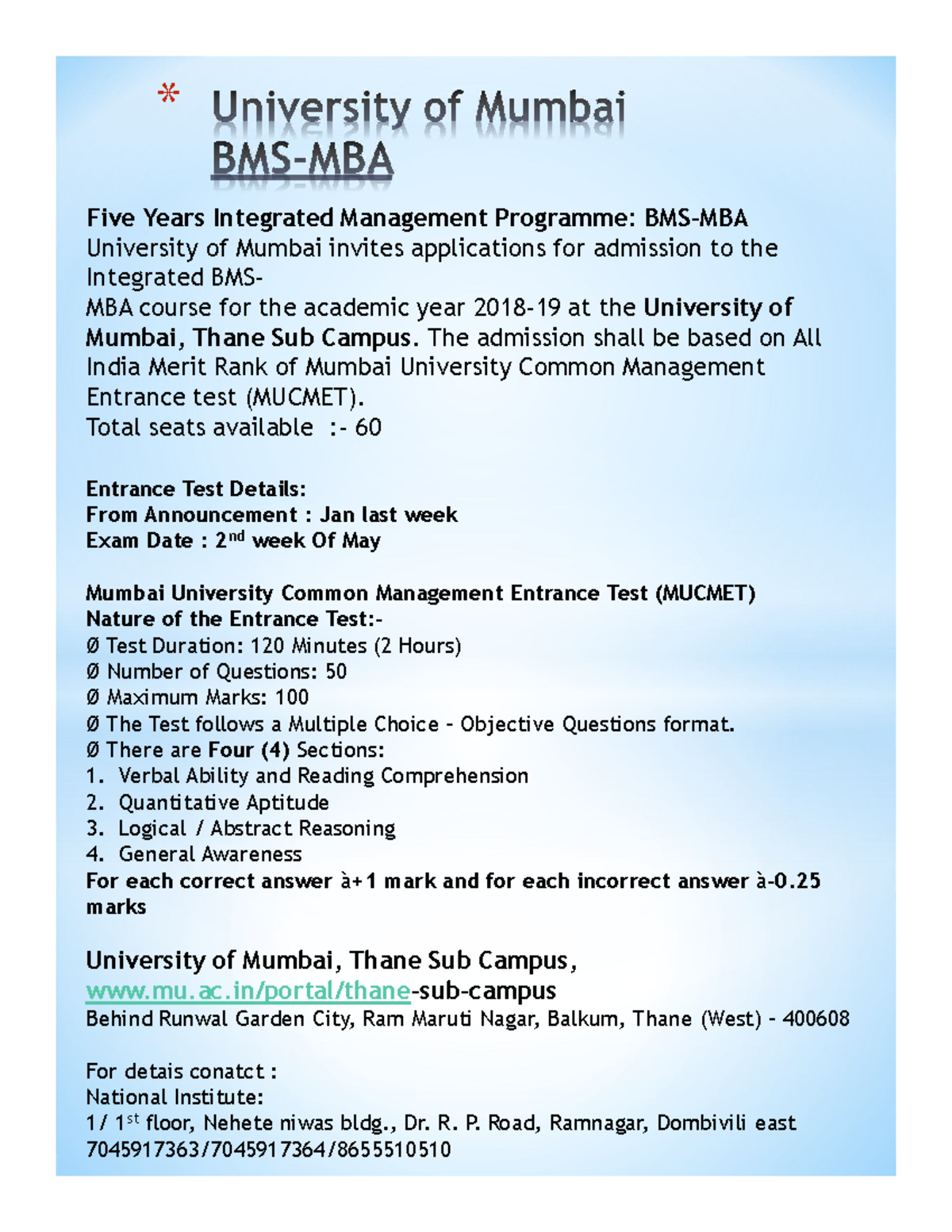 Career Hanbook BMS MBA * Five Years Integrated Management Programme