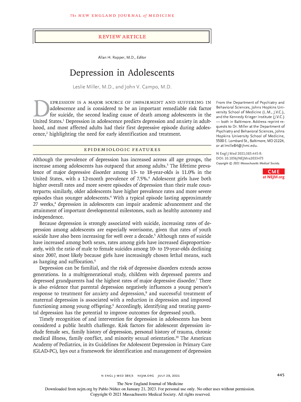 Depression In Adolescents NEJM 2021 - N Engl J Med 385;5 Nejm July 29 ...